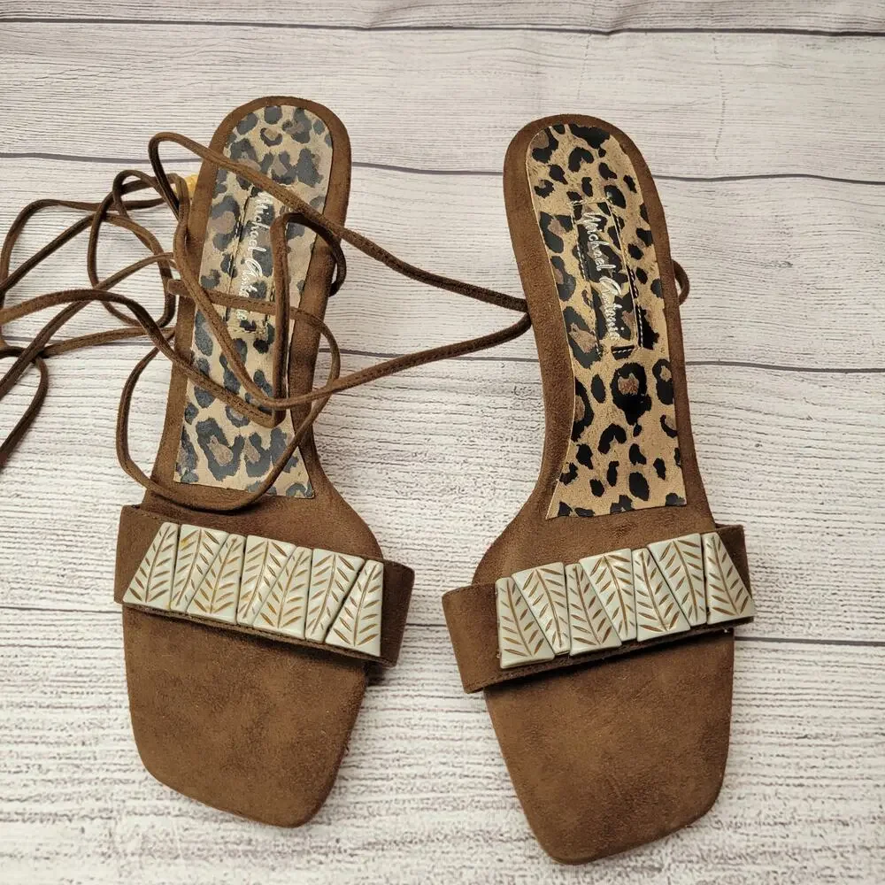 Michael Antonio Brown Suede Sandals w/ Ankle Wrap Tie Straps, 8.5
